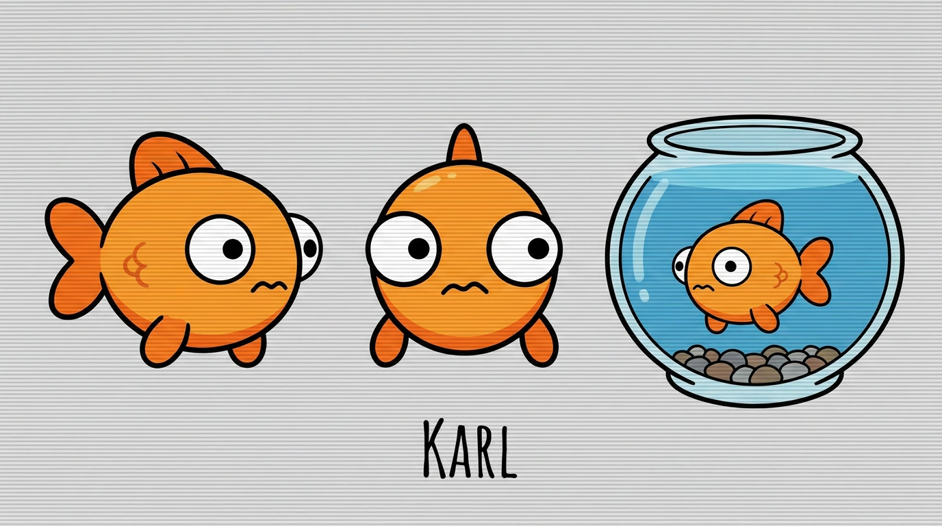 Karl, a goldfish with a small diamond on his fin, in his bowl.